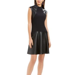 NATORI Scuba Crepe Faux Leather Black Sleeveless Fit Flare Dress Size 6 $169